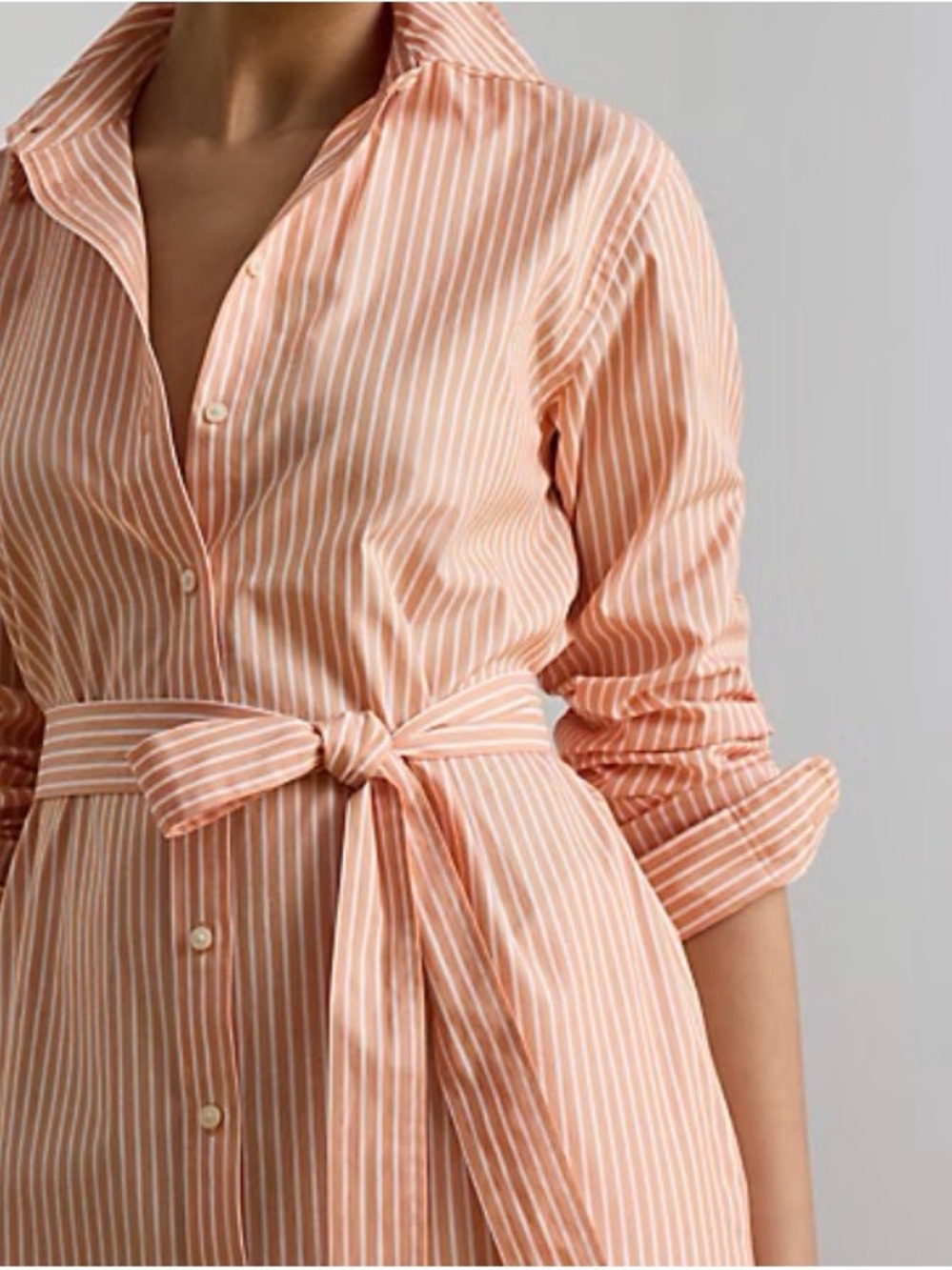 Lauren Ralph Lauren Peach-Striped Long Sleeve Shirt Dress with Tie Waist